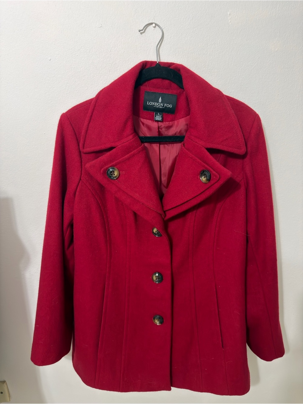 London Fog Red Wool-Blend Pea Coat with Button Front
